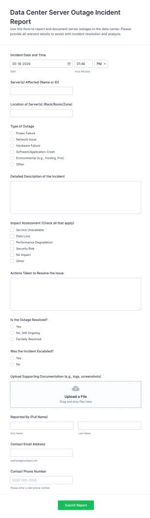 Data Center Server Outage Incident Report Form Template