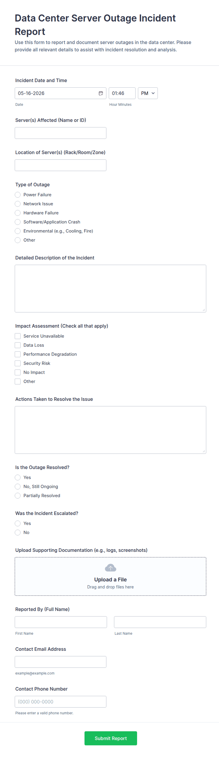 Outage Report Example Data Center Server Outage Incident Report Form Template | Jotform