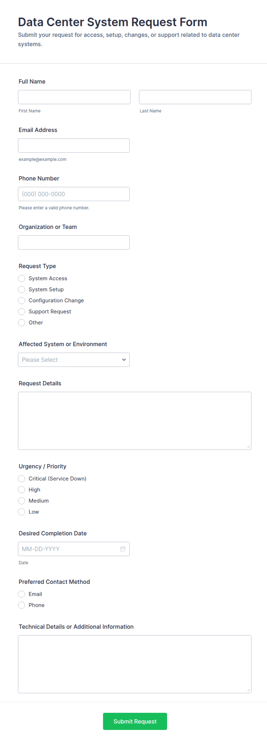 Data Center System Request Form Template | Jotform