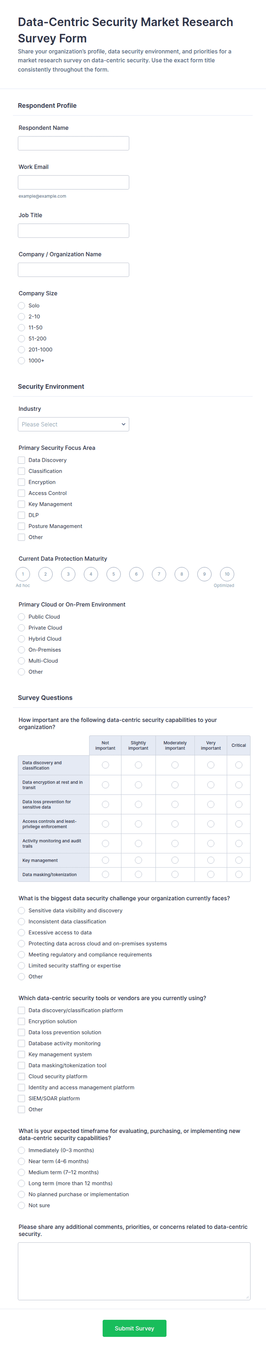 Data-Centric Security Market Research Survey Form Template | Jotform