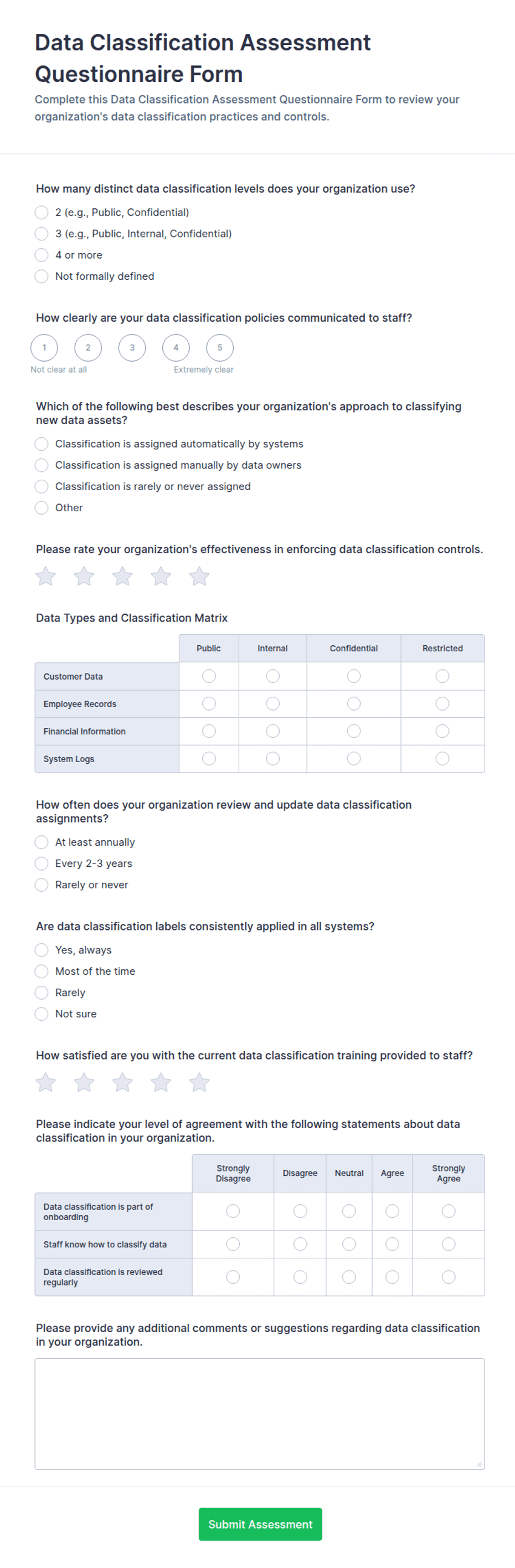 Data Classification Assessment Questionnaire Form Template | Jotform