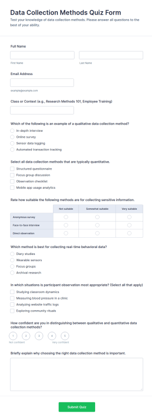 Data Collection Methods Quiz Form Template