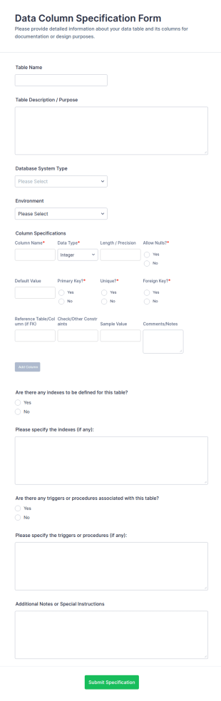 Data Column Specification Form Template