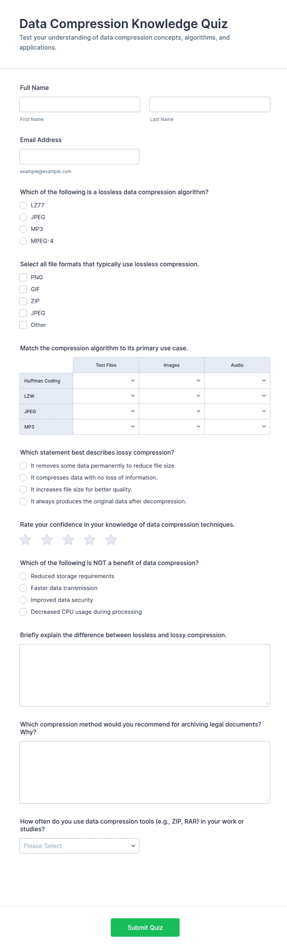 Data Compression Knowledge Quiz Form Template | Jotform