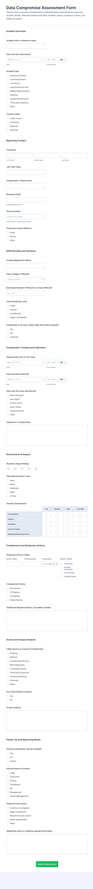 Data Compromise Assessment Form Template