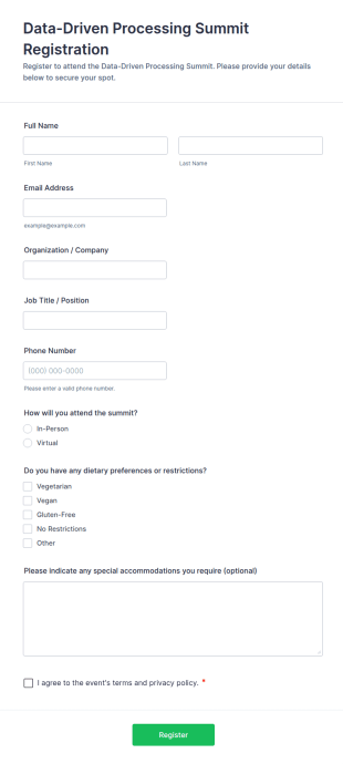 Data Driven Processing Summit Registration Form Template