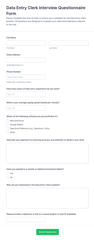 Data Entry Clerk Interview Questionnaire Form Template