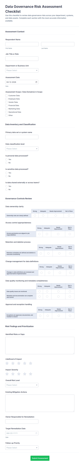 Data Governance Risk Assessment Checklist Form Template