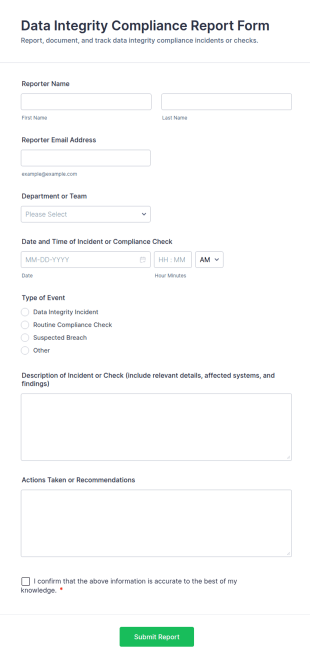 Data Integrity Compliance Report Form Template