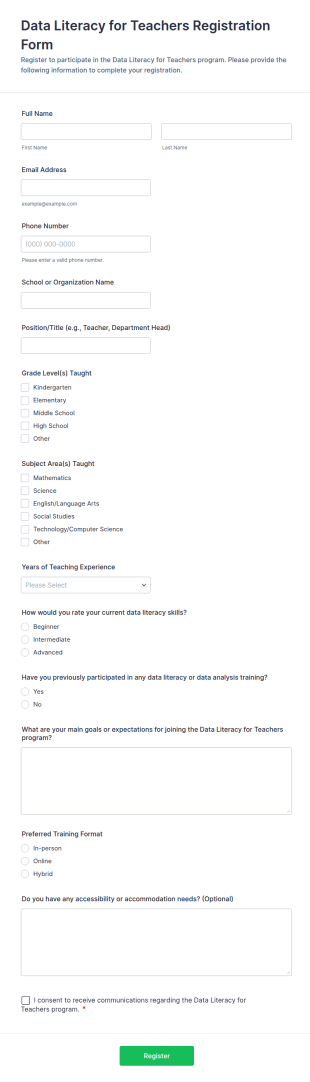 Data Literacy For Teachers Registration Form Template