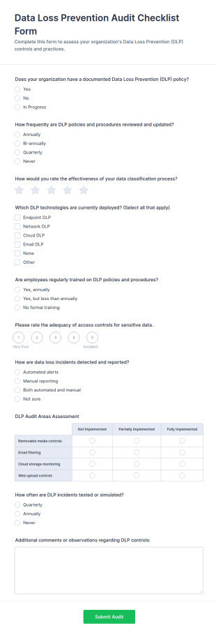 Data Loss Prevention Audit Checklist Form Template