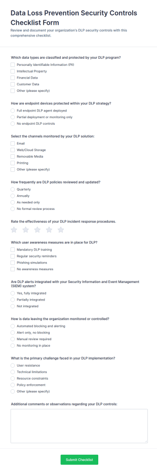Data Loss Prevention Security Controls Checklist Form Template