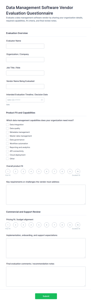 Data Management Software Vendor Evaluation Questionnaire Form Template