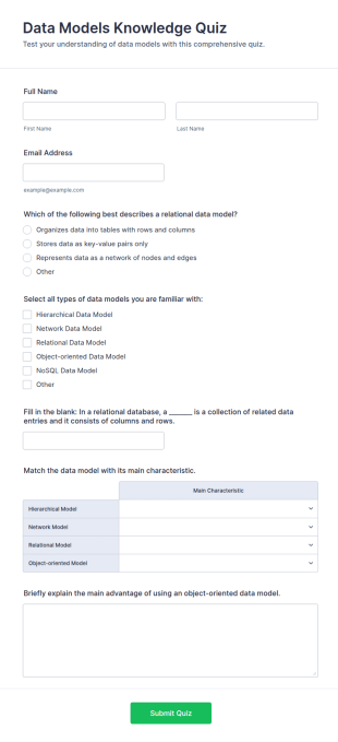 Data Models Knowledge Quiz Form Template