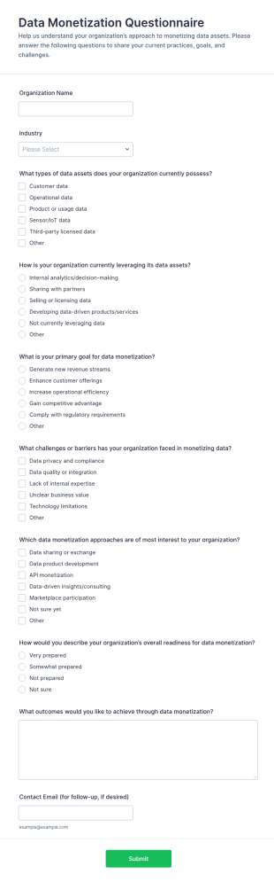 Data Monetization Questionnaire Form Template