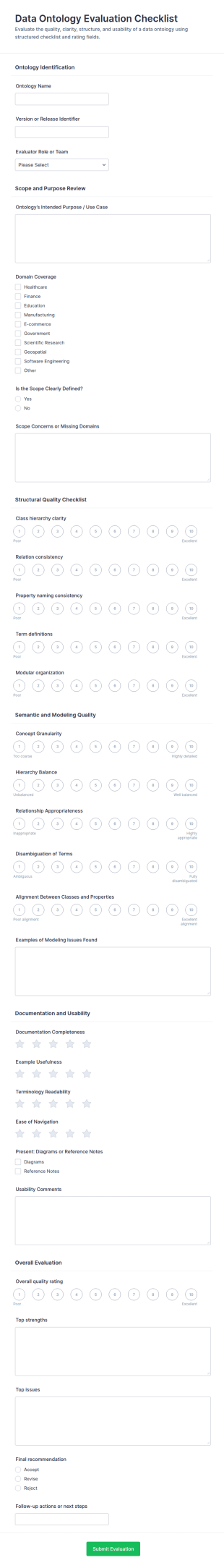 Data Ontology Evaluation Checklist Form Template