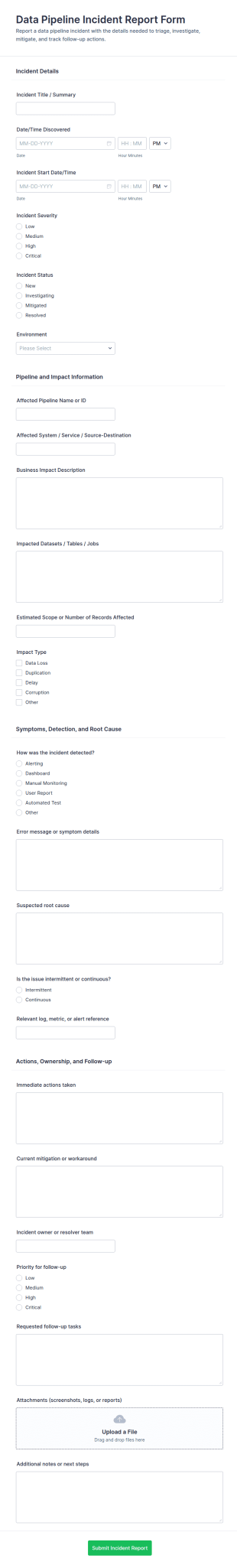 Data Pipeline Incident Report Form Template