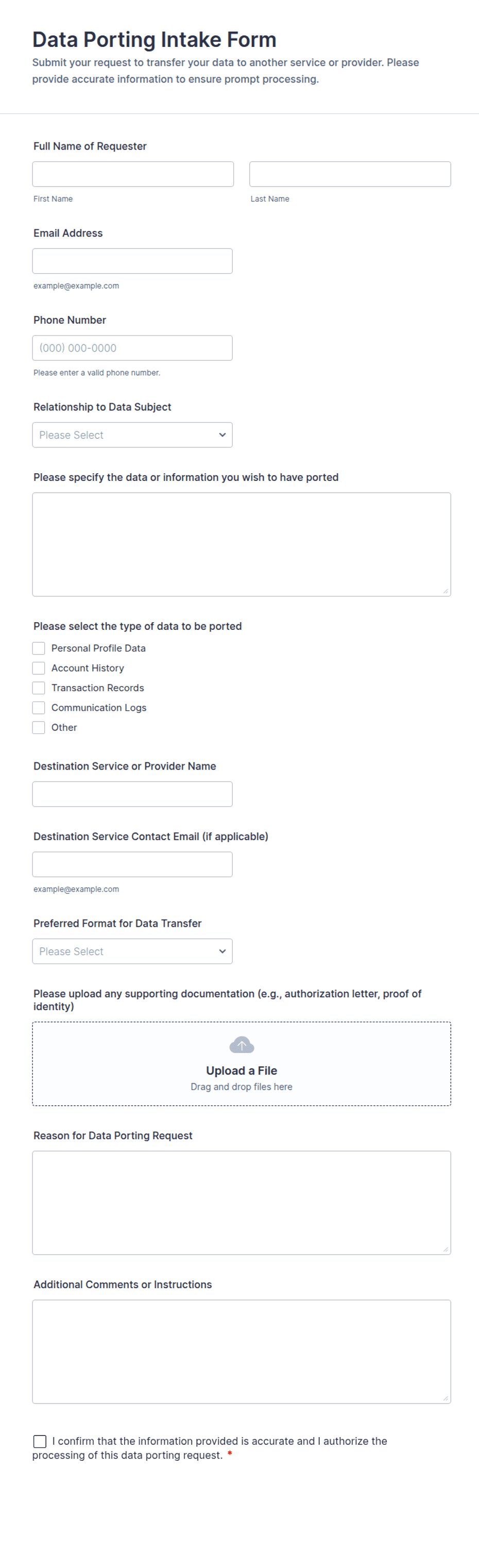 Data Project Intake Form Data Porting Intake Form Template | Jotform