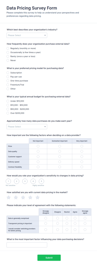 Data Pricing Survey Form Template