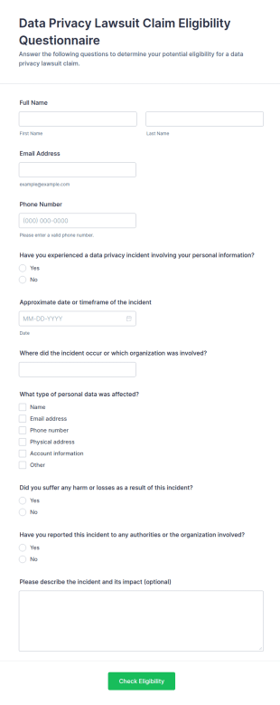 Data Privacy Lawsuit Claim Eligibility Questionnaire Form Template