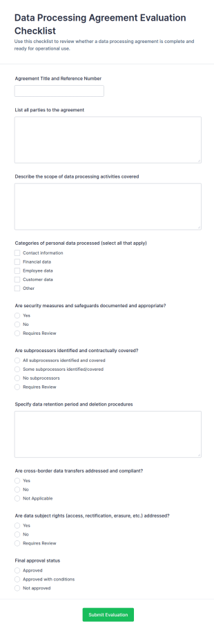Data Processing Agreement Evaluation Checklist Form Template