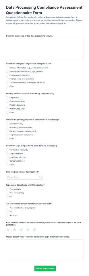 Data Processing Compliance Assessment Questionnaire Form Template