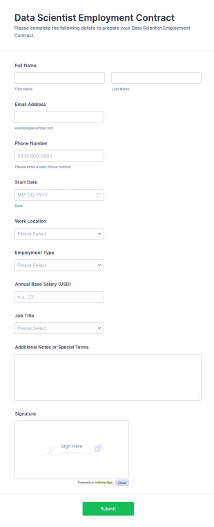 Data Scientist Employment Contract Form Template