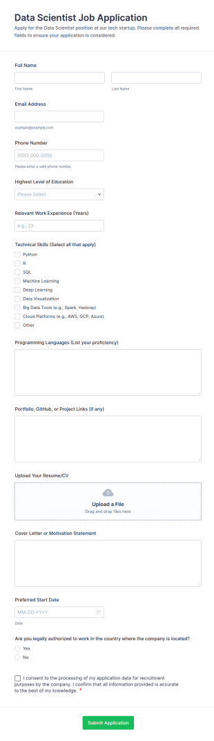 Data Scientist Job Application Form Template