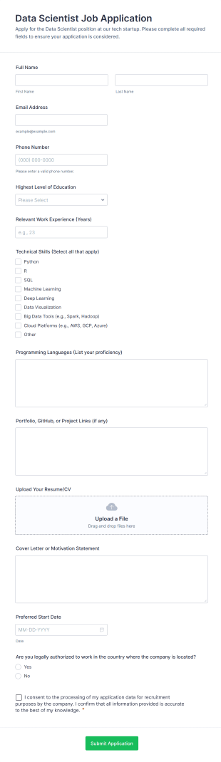 Data Scientist Job Application Form Template
