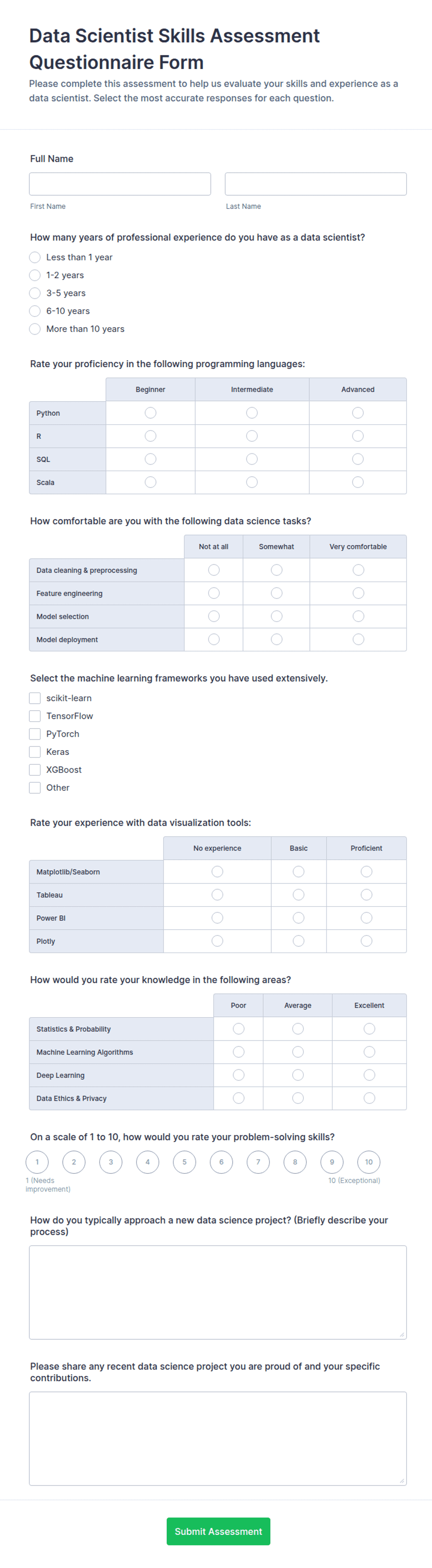 Questionnaire Form Example Data Scientist Skills Assessment Questionnaire Form Template | Jotform