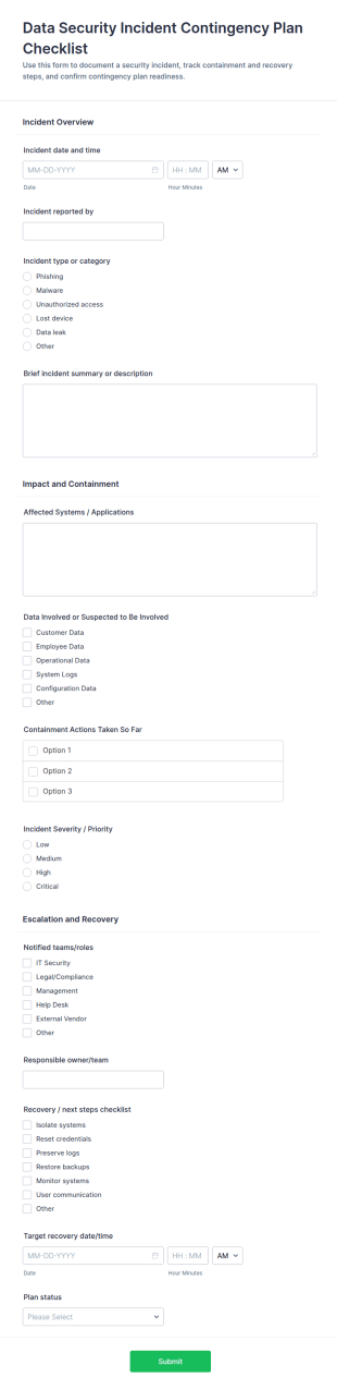 Data Security Incident Contingency Plan Checklist Form Template