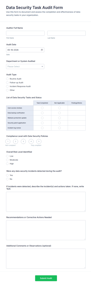 Data Security Task Audit Form Template