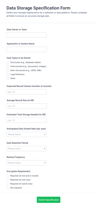 Data Storage Specification Form Template