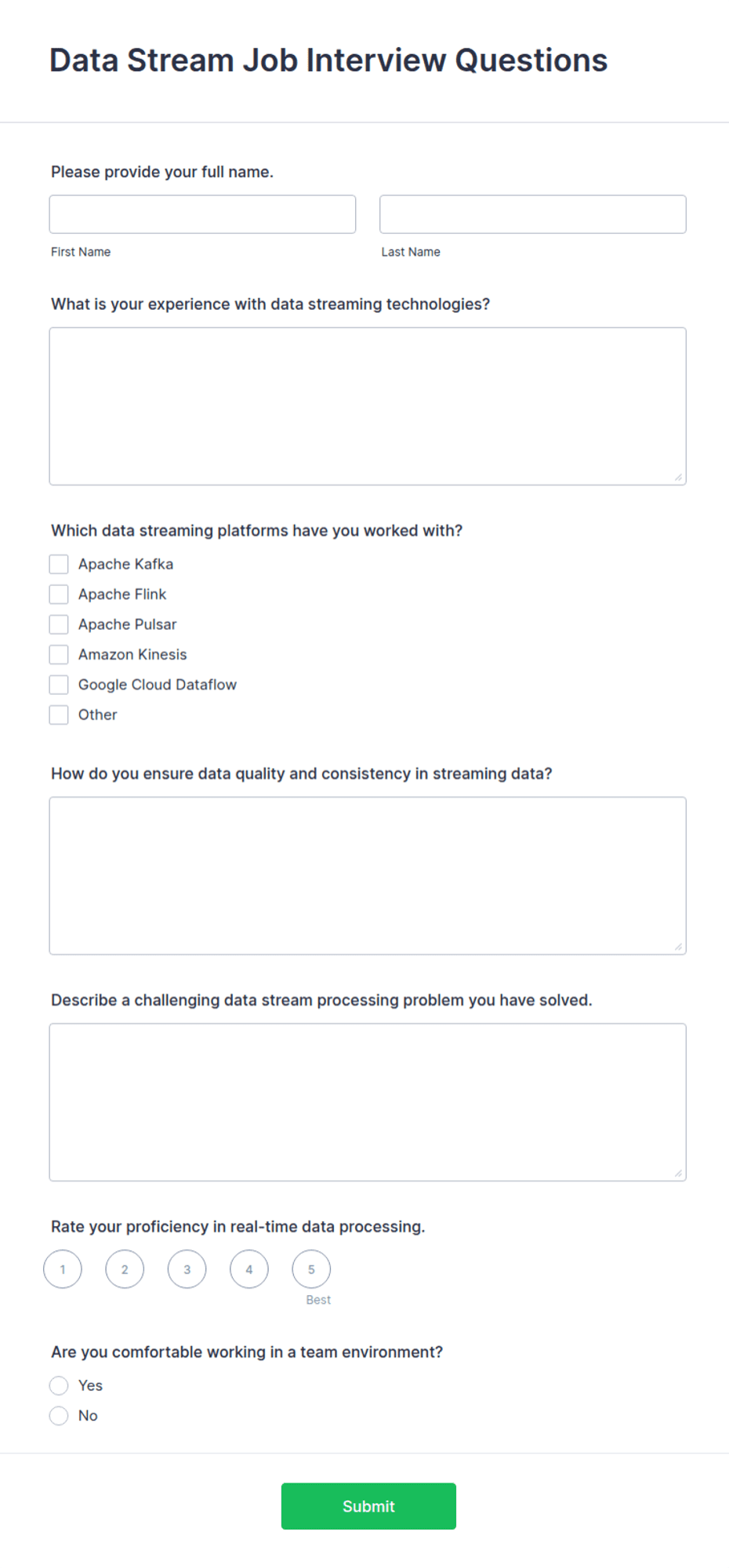 Strema Questions Data Stream Job Interview Questions Form Template | Jotform