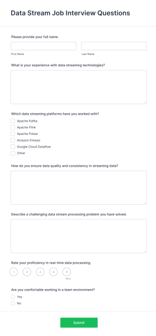 Data Stream Job Interview Questions Form Template
