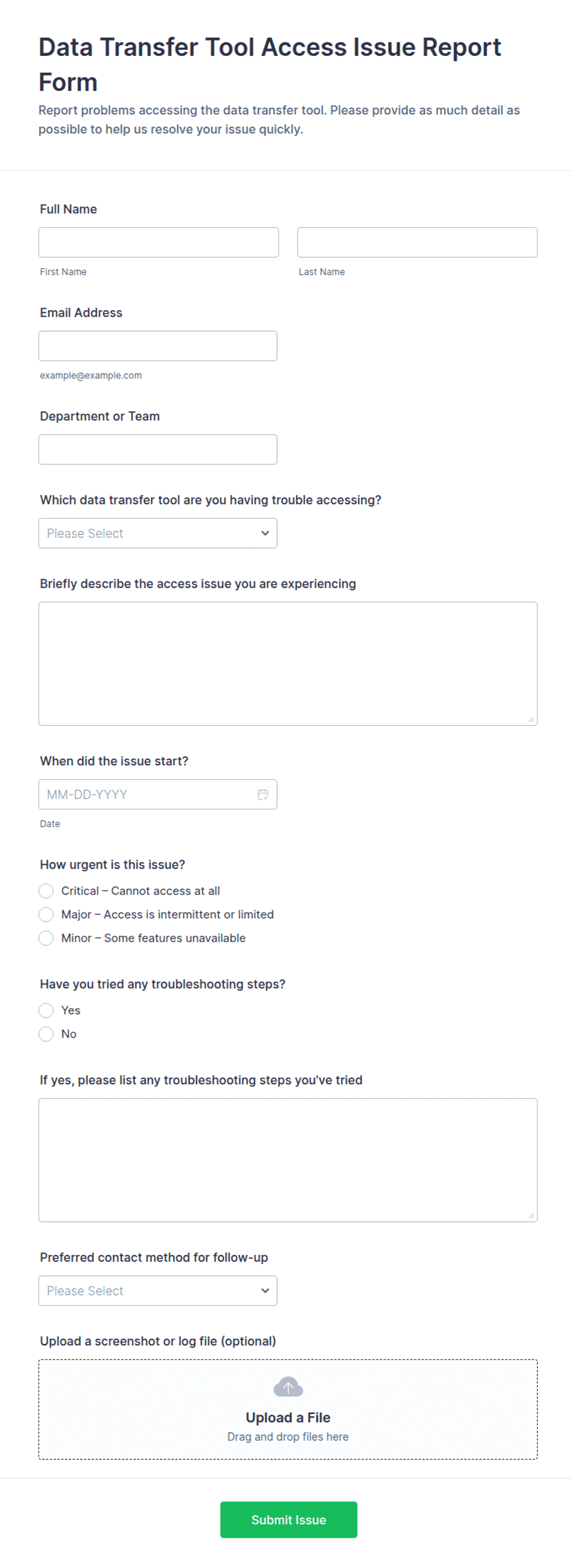 Data Transfer Tool Access Issue Report Form Template | Jotform