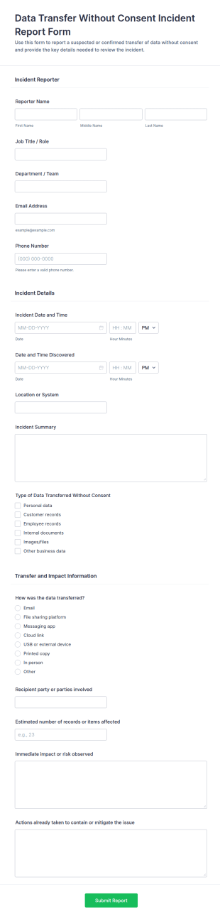 Data Transfer Without Consent Incident Report Form Template