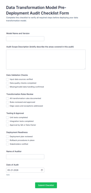 Data Transformation Model Pre Deployment Audit Checklist Form Template