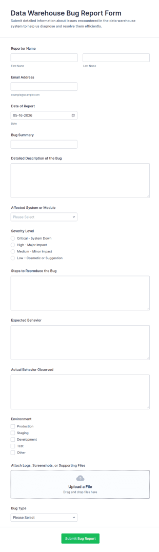 Data Warehouse Bug Report Form Template