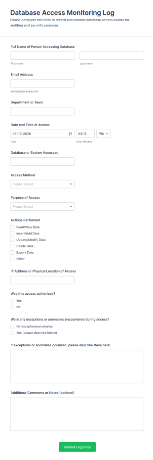 Database Access Monitoring Log Form Template