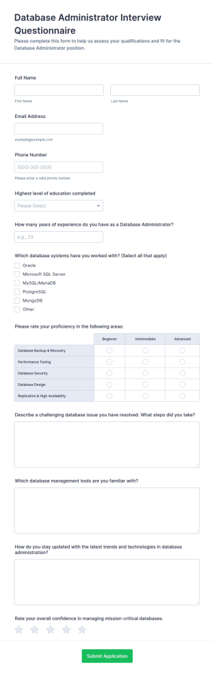 Database Administrator Interview Questionnaire Form Template