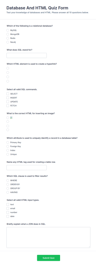 Database And HTML Quiz Form Template