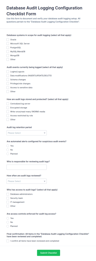 Database Audit Logging Configuration Checklist Form Template