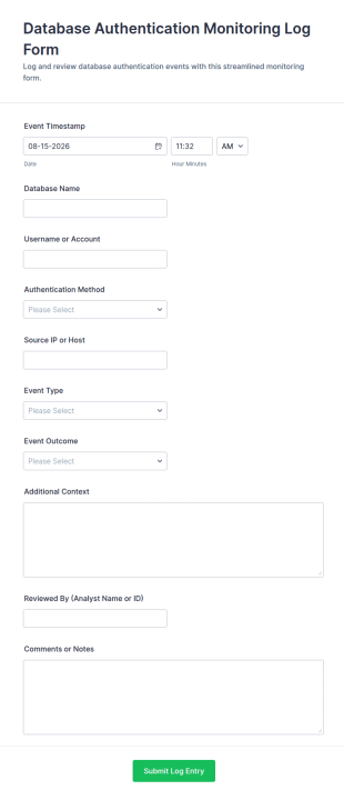 Database Authentication Monitoring Log Form Template