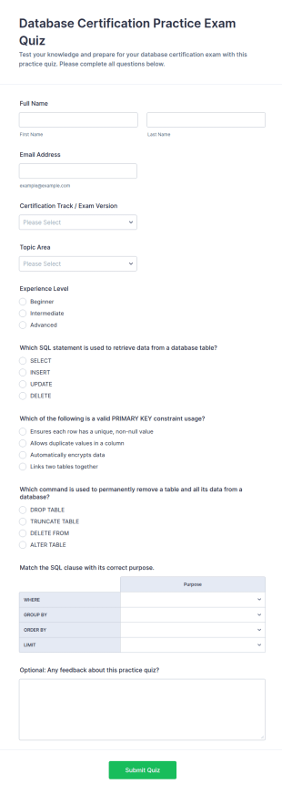 Database Certification Practice Exam Quiz Form Template