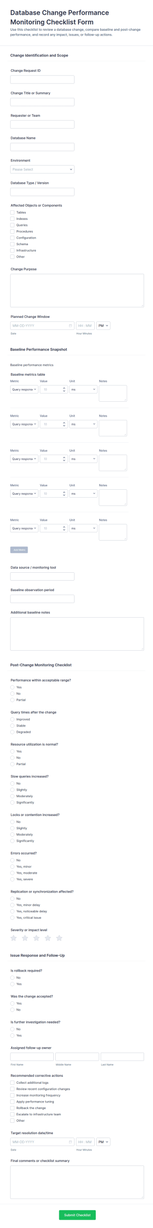Database Change Performance Monitoring Checklist Form Template