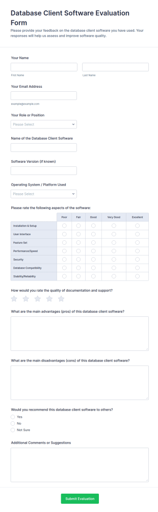 Database Client Software Evaluation Form Template