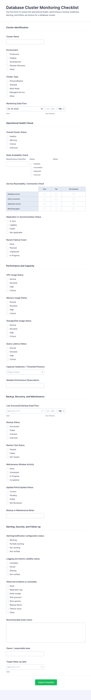 Database Cluster Monitoring Checklist Form Template