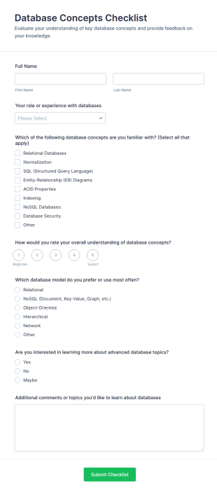 Database Concepts Checklist Form Template