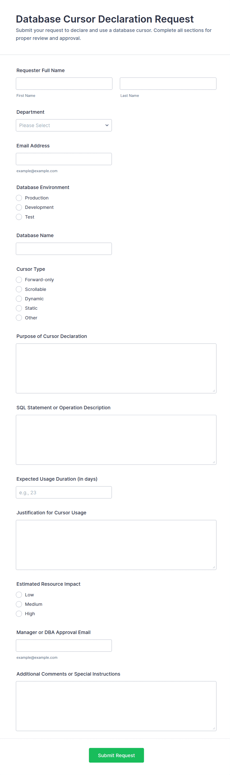 Database Cursor Declaration Request Form Template | Jotform